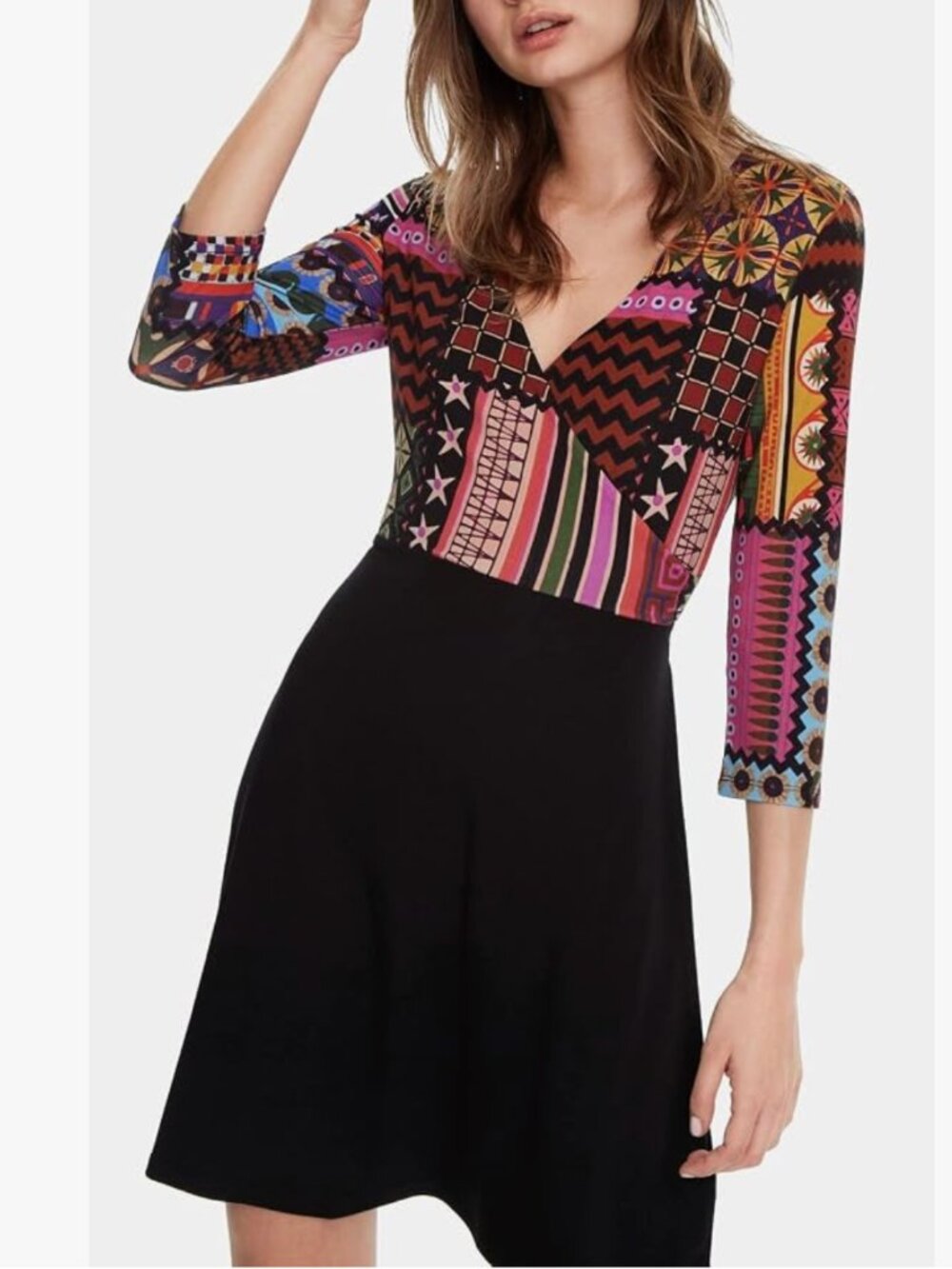 Desigual Colorful Stretch Knit A-Line Faux Wrap Dress Women’s Size M